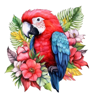 Detailed watercolor macau parrot sticker with tropical hibiscus flowers and palm leaves