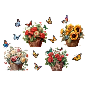 Stickers muraux avec tournesols et roses dans paniers d'osier et papillons colorés décoratifs