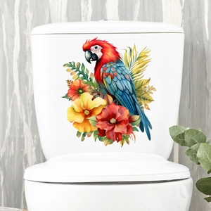 Vibrant parrot and tropical flower waterproof sticker applied on a white toilet tank
