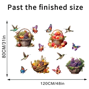 Detail showing self-adhesive wall decals dimensions of fruit basket and birds mural