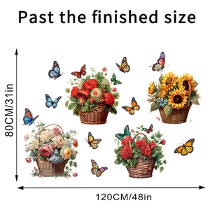 Dimensions détaillées des stickers muraux panier de fleurs avec roses et papillons sur blanc
