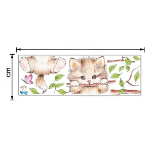 Detailed wall sticker layout with a cute cat, brown branches, green leaves and pink butterfly