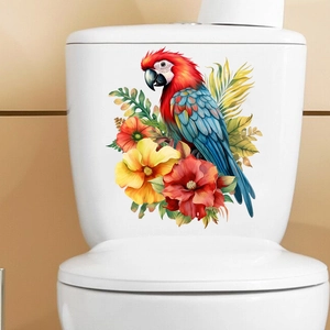 Detail of waterproof tropical parrot and flower self-adhesive sticker on white toilet tank