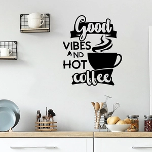 Detail of Good VIBES AND HOT coffee wall sticker in modern kitchen background decor