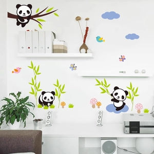 Stickers muraux panda avec bambous, nuages et champignons pour décoration enfant