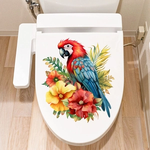 Close-up of tropical parrot and floral waterproof sticker applied on a white toilet lid