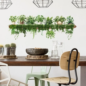 Stickers muraux plantes vertes suspendues avec vignes réalistes et design étagère bois