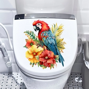 Detail of waterproof parrot and hibiscus flower self-adhesive toilet seat lid sticker