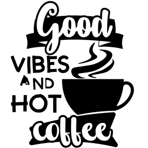 Detail of coffee cup silhouette and Good Vibes text on waterproof wall sticker