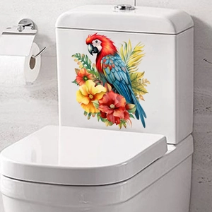 Detail of waterproof parrot and tropical flower decal on a white ceramic toilet tank
