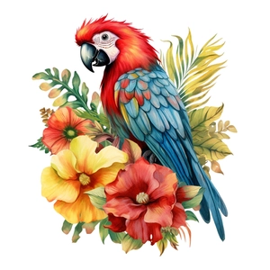 Close-up detail of a colorful parrot and tropical hibiscus flower waterproof wall sticker