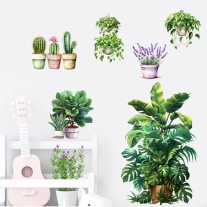 Self-adhesive green plants wall stickers featuring watercolor cacti and hanging baskets