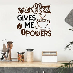 Detail of coffee culture wall sticker on kitchen wall with artistic lettering and beans