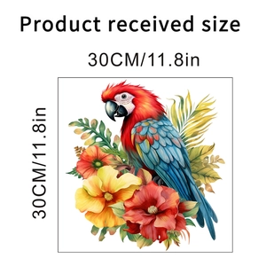 Detail of 30x30cm waterproof parrot and floral wall sticker showing exact dimensions