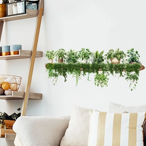 Sticker mural autocollant avec plantes vertes 3D en paniers suspendus et étagères