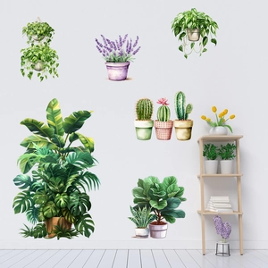 Watercolor tropical plant wall stickers featuring monstera and cactus for home decor
