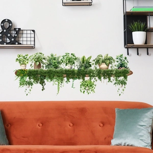 Sticker mural autocollant avec plantes vertes suspendues sur une étagère en bois rustique