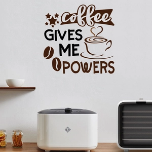 Kitchen wall decal featuring a coffee cup and GIVES ME POWERS text on white wall