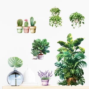 Detail of watercolor green leaf potted plants and hanging cactus self-adhesive wall stickers