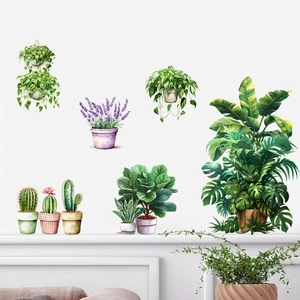 Detailed wall sticker layout featuring watercolor succulents and hanging potted plants