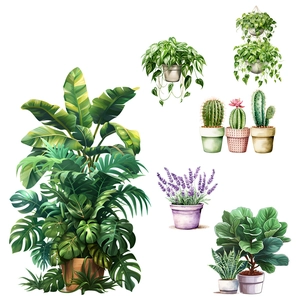 Self-adhesive green potted plant wall decals featuring tropical monstera and cactus designs