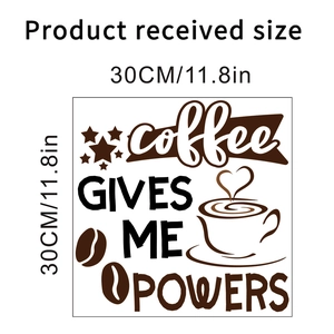 Detail of coffee wall sticker with Coffee Gives Me Powers text and cup icons
