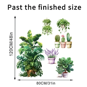 Detail showing various green potted plant wall stickers like monstera and cactus