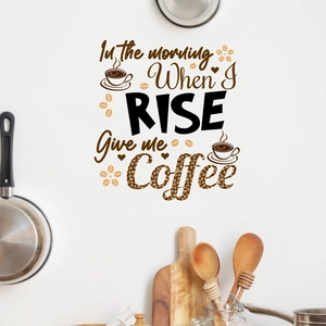 Macro detail of waterproof coffee wall sticker with 'Give me Coffee' lettering and beans