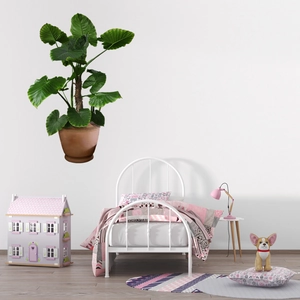 Detail of green potted plant wall stickers featuring heart-shaped leaves for room decor