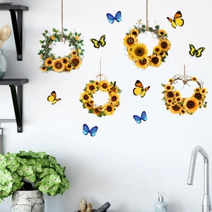 Self-adhesive sunflower wreath and 3D butterfly wall stickers for living room decor
