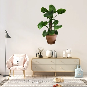 Minimalist green potted plant wall sticker featuring lush leaves in a modern Nordic living room