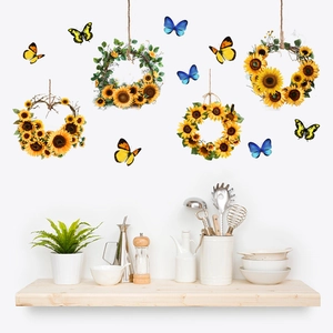 Sunflower wreath wall stickers with butterflies for rustic home decor in living rooms