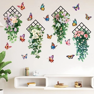 Stickers muraux 3D papillon et gloire du matin avec décalcomanies florales de vigne verte
