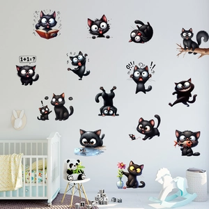 Adesivi murali gatto nero con 14 pose divertenti per la decorazione della cameretta