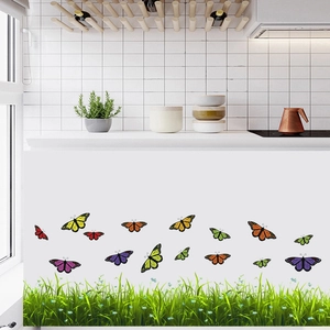 Sticker Mural Imperméable en PVC Papillon Multicolore et Motif Herbe Verte Décalcomanie Décorative Bricolage pour Chambre Salon