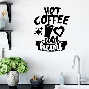 Detail of HOT COFFEE cold heart wall sticker on modern kitchen white wall