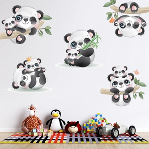 Self-adhesive panda wall decals with watercolor bamboo tree for kids room decor