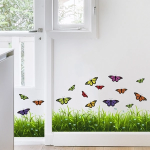 Stickers muraux jardin autocollants avec papillons colorés et herbe verte luxuriante