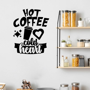 Detailed macro view of black Hot Coffee vinyl wall sticker in a modern kitchen setting