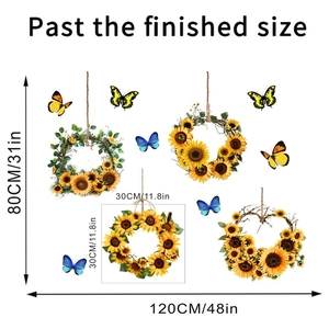 Detail view of sunflower wreath and butterfly wall stickers with size dimensions