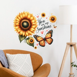 Macro detail of waterproof sunflower and butterfly wall sticker in a bright living room