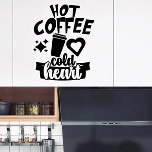 Detail of waterproof self-adhesive black vinyl wall sticker with HOT COFFEE text for kitchen