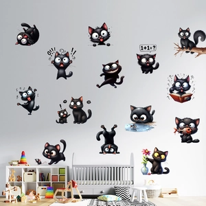 Adesivi murali gatto nero divertenti con disegni di cartoni animati per bambini