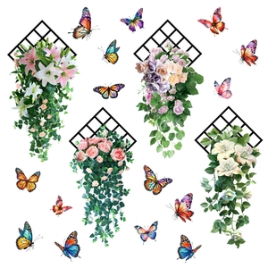 Stickers muraux floraux avec roses, lys, papillons et treillis losanges pour la décoration