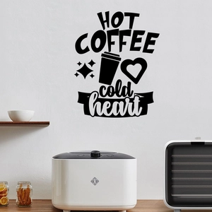 Detail of HOT COFFEE cold heart wall sticker decal in a modern kitchen setting