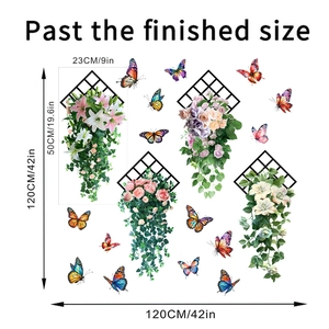 Dimensions détaillées du sticker mural avec paniers de fleurs et papillons colorés