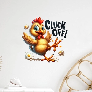 Funny cartoon rooster wall sticker with Cluck Off text for creative home decor