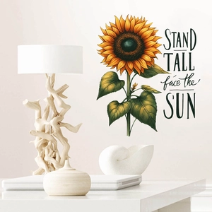 Sunflower wall sticker with Stand Tall quote shown on white wall with minimalist lamp