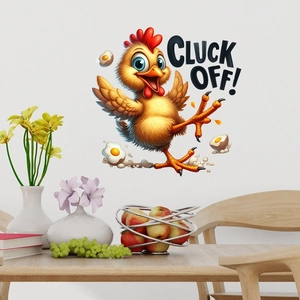 Funny cartoon yellow chicken wall sticker with Cluck Off text for home decor