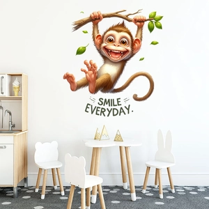 Cartoon monkey wall sticker on tree branch with Smile Everyday text for kids room decor